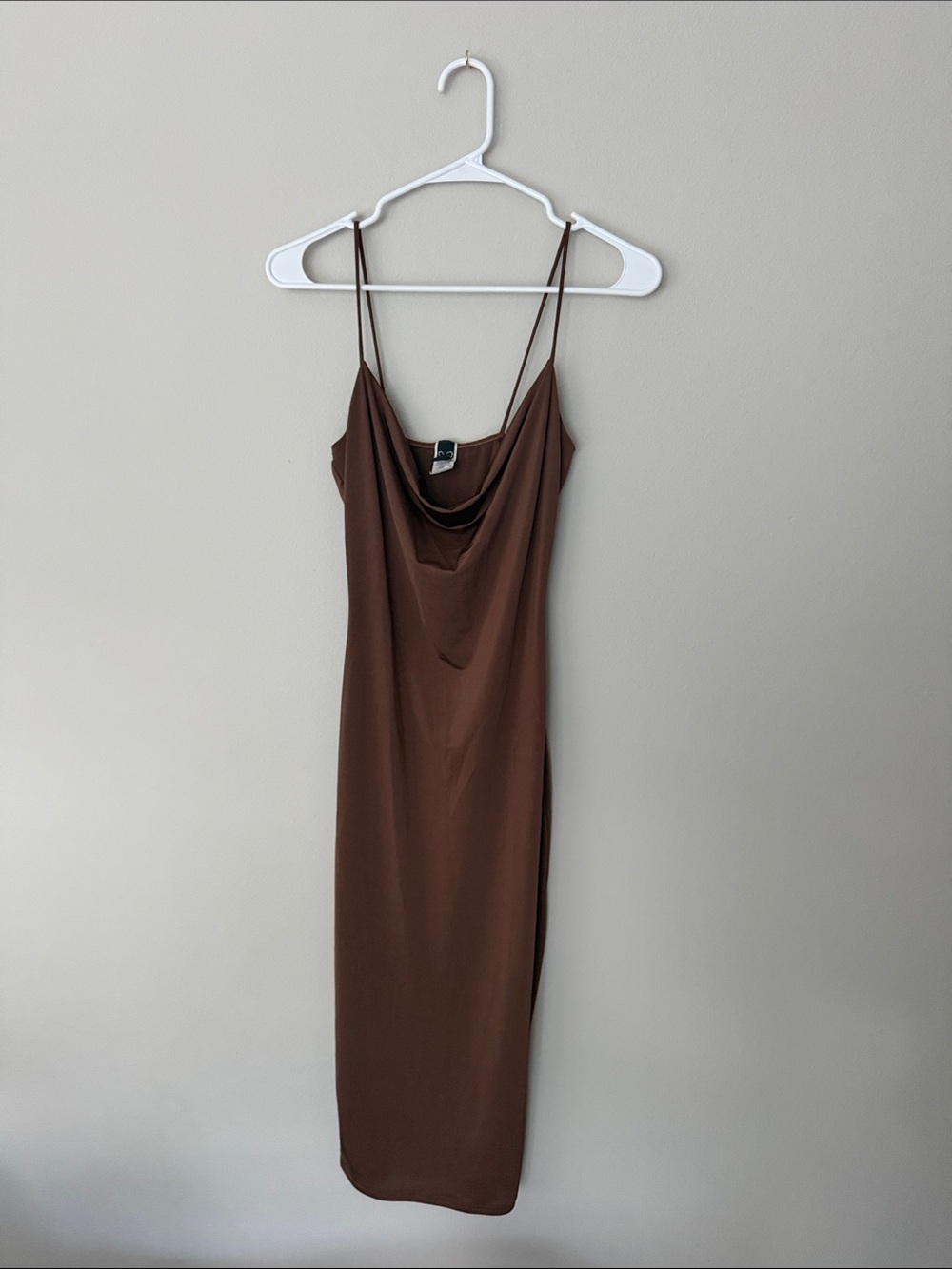 Windsor chocolate brown midi dress, featuring a sleek, minimalist silhouette